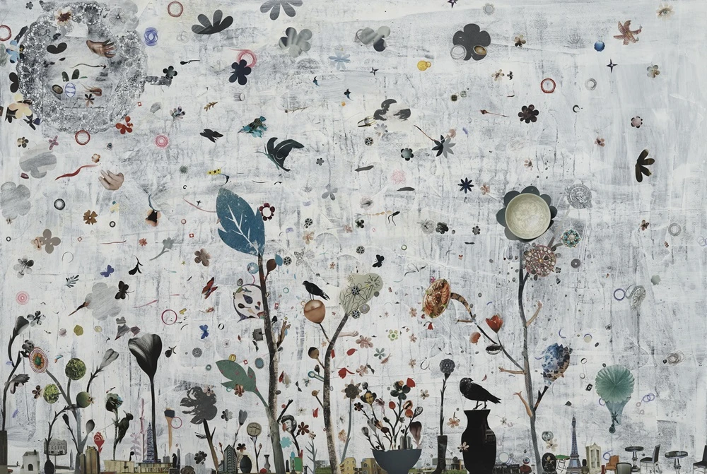 《瓶花山水2》，2011，綜合媒材、畫布，130×194cm。-圖片